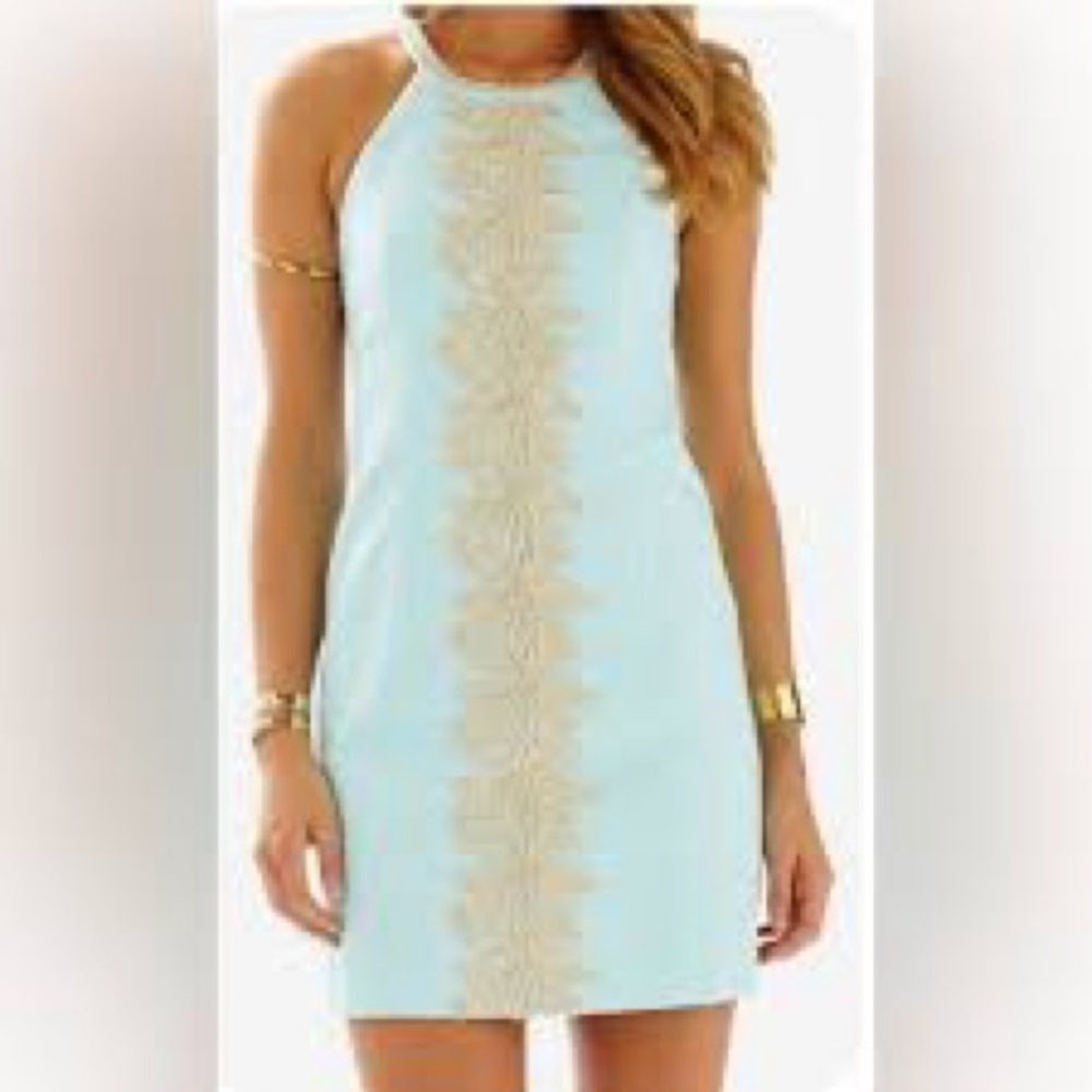 Lilly Pulitzer Pearl Shift Dress Whisper Blue with Gold Embroidered Details